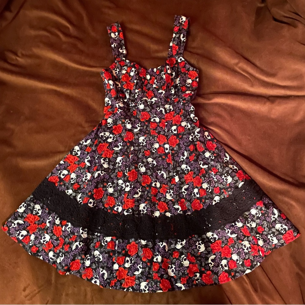 Hot Topic Red and Black Floral Skull Dress